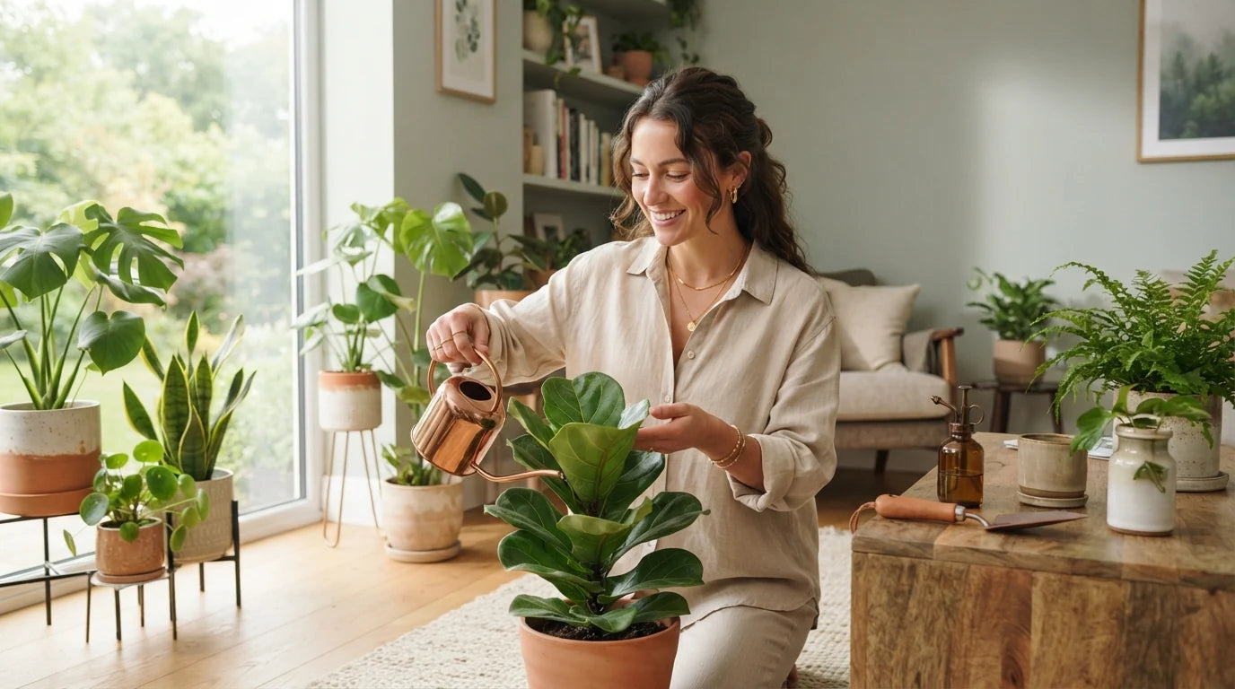 A calm indoor plant-care routine in a bright home