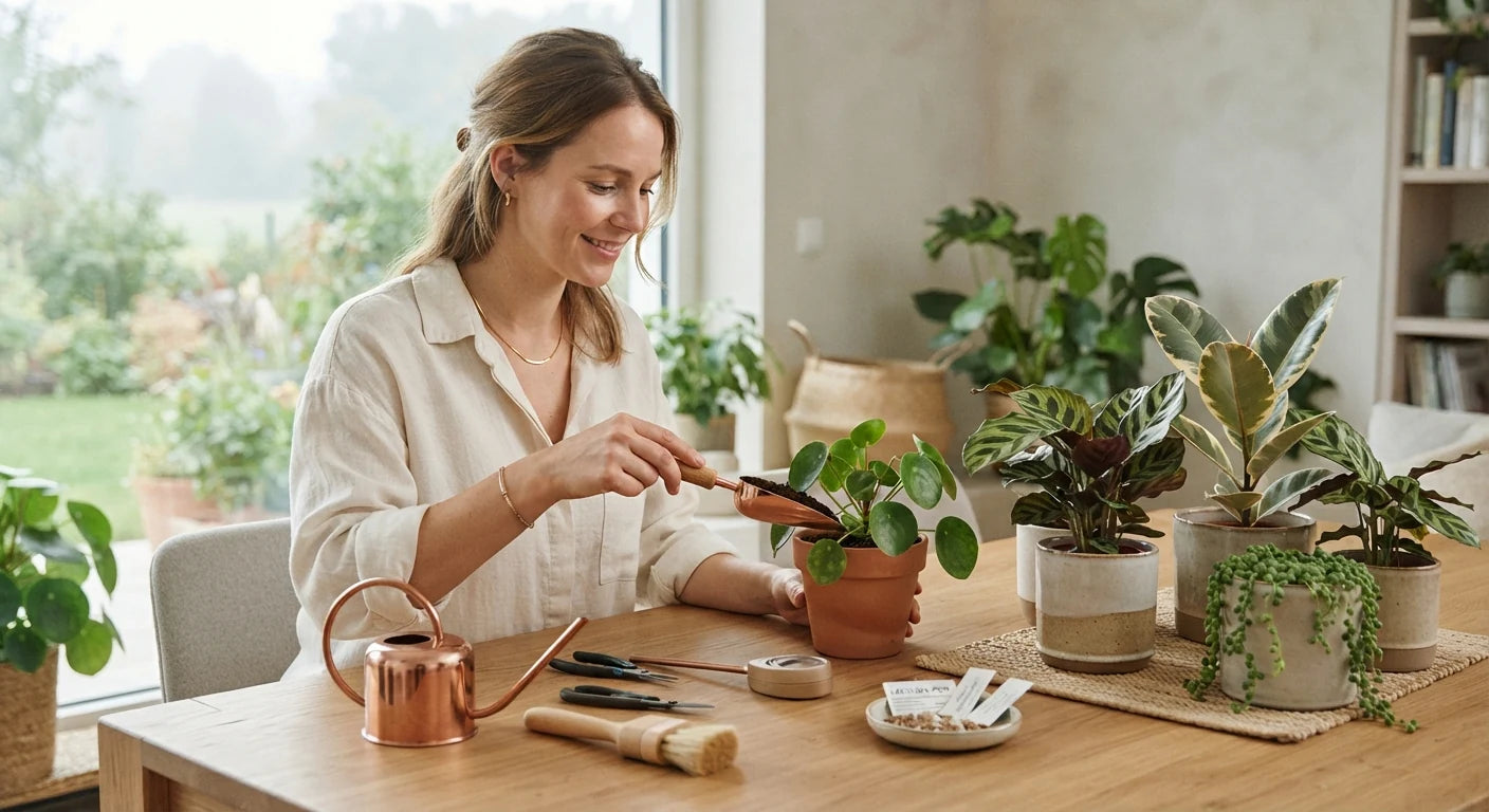 An organized indoor plant-care table